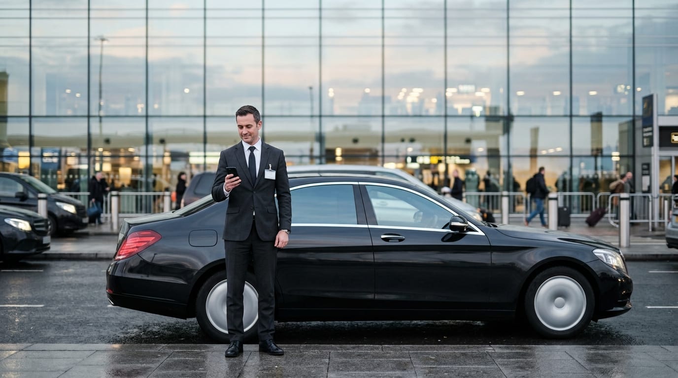 Havalimanı terminali önünde bekleyen takım elbiseli transfer şoförü