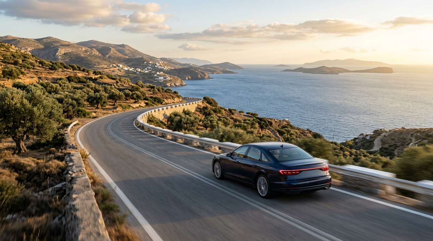 Luxury sedan drive along the Aegean coastal road