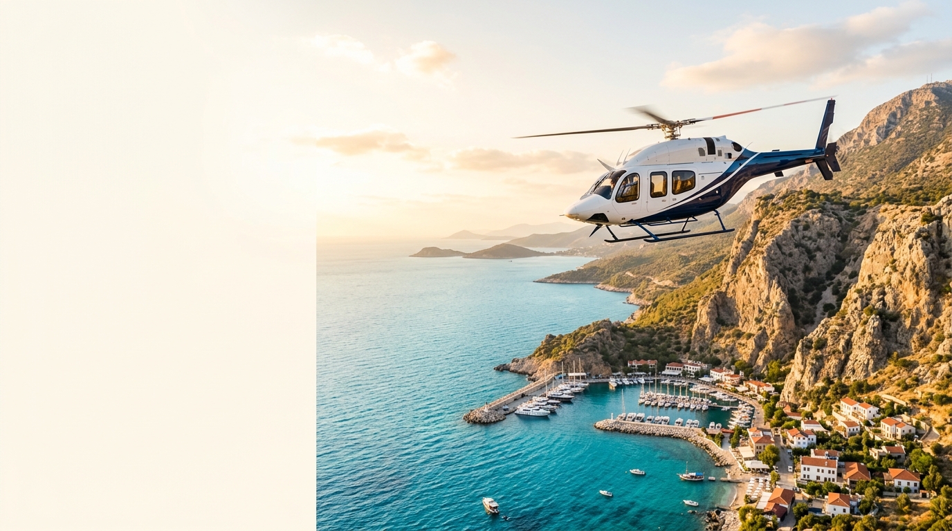 Private helicopter flying over the Aegean coastline