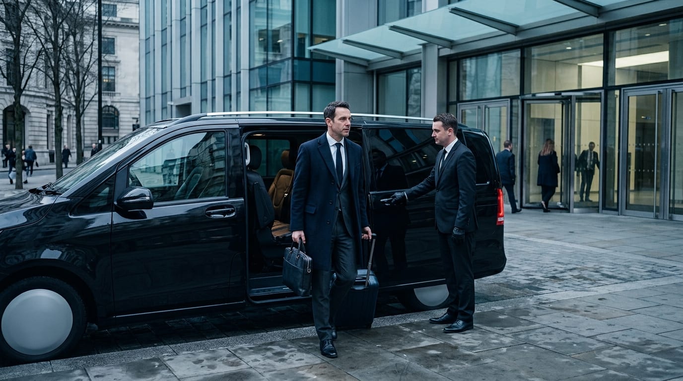 Business traveller stepping out of a corporate transfer van