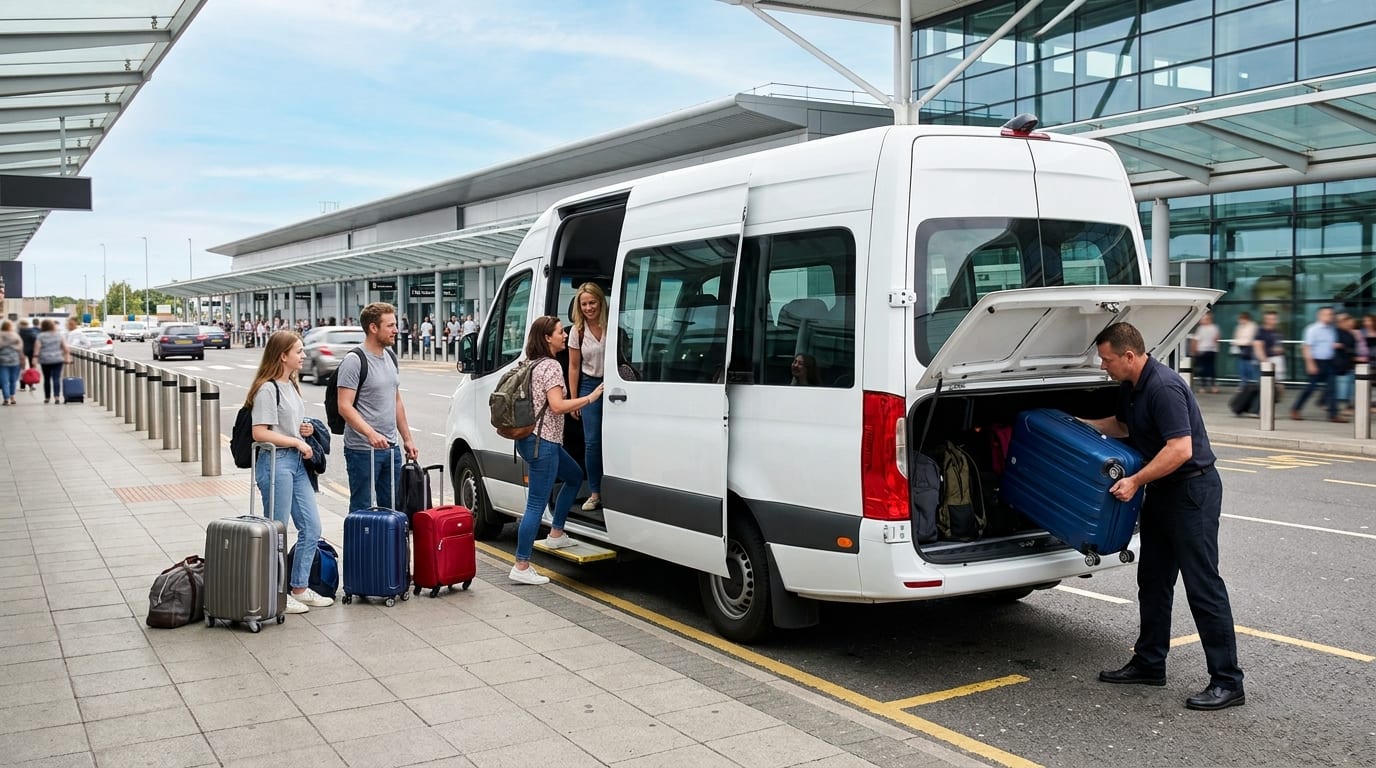 Group of travellers boarding a minibus with luggage at the airport