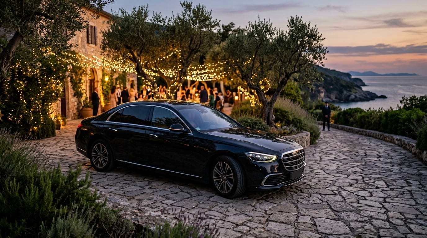 Luxury transfer car waiting at a coastal wedding venue