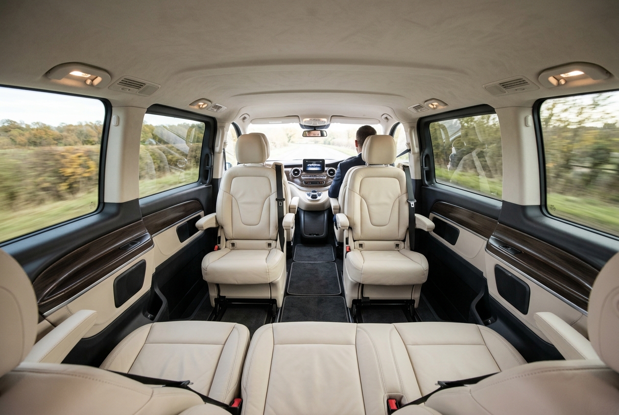 VIP transfer van cabin interior with luxury leather seats
